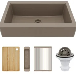 Karran 34" Quartz Composite Retrofit Workstation Farmhouse Sink, Concrete, QARWS-740-CN-PK2