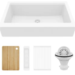 Karran 34" Quartz Composite Retrofit Workstation Farmhouse Sink, White, QARWS-740-WH-PK2