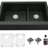 Karran 34" Quartz Composite Retrofit Farmhouse Sink, 60/40 Double Bowl, Black, QAR-760-BL-PK1