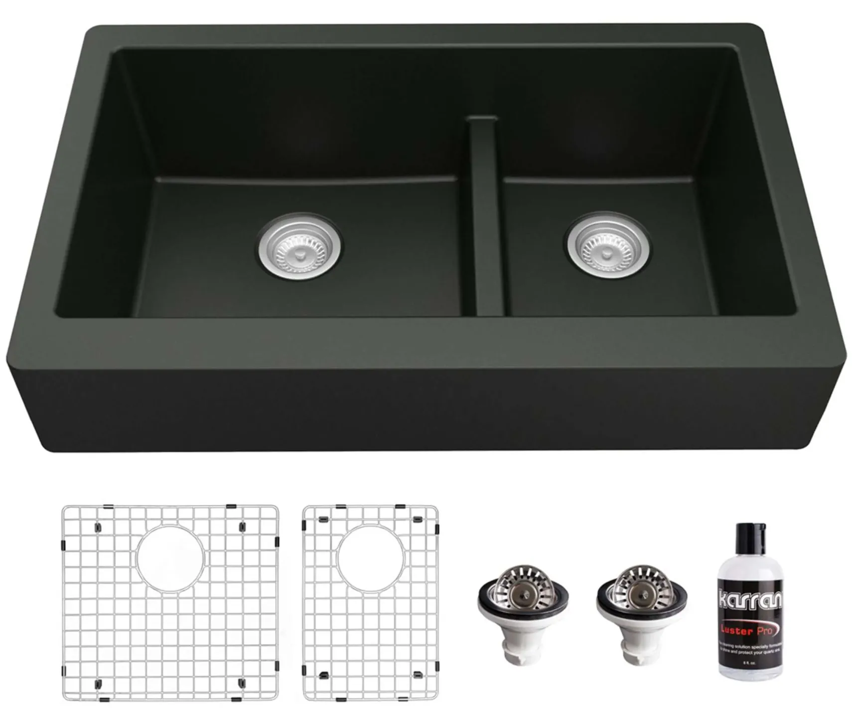 Karran 34" Quartz Composite Retrofit Farmhouse Sink, 60/40 Double Bowl, Black, QAR-760-BL-PK1