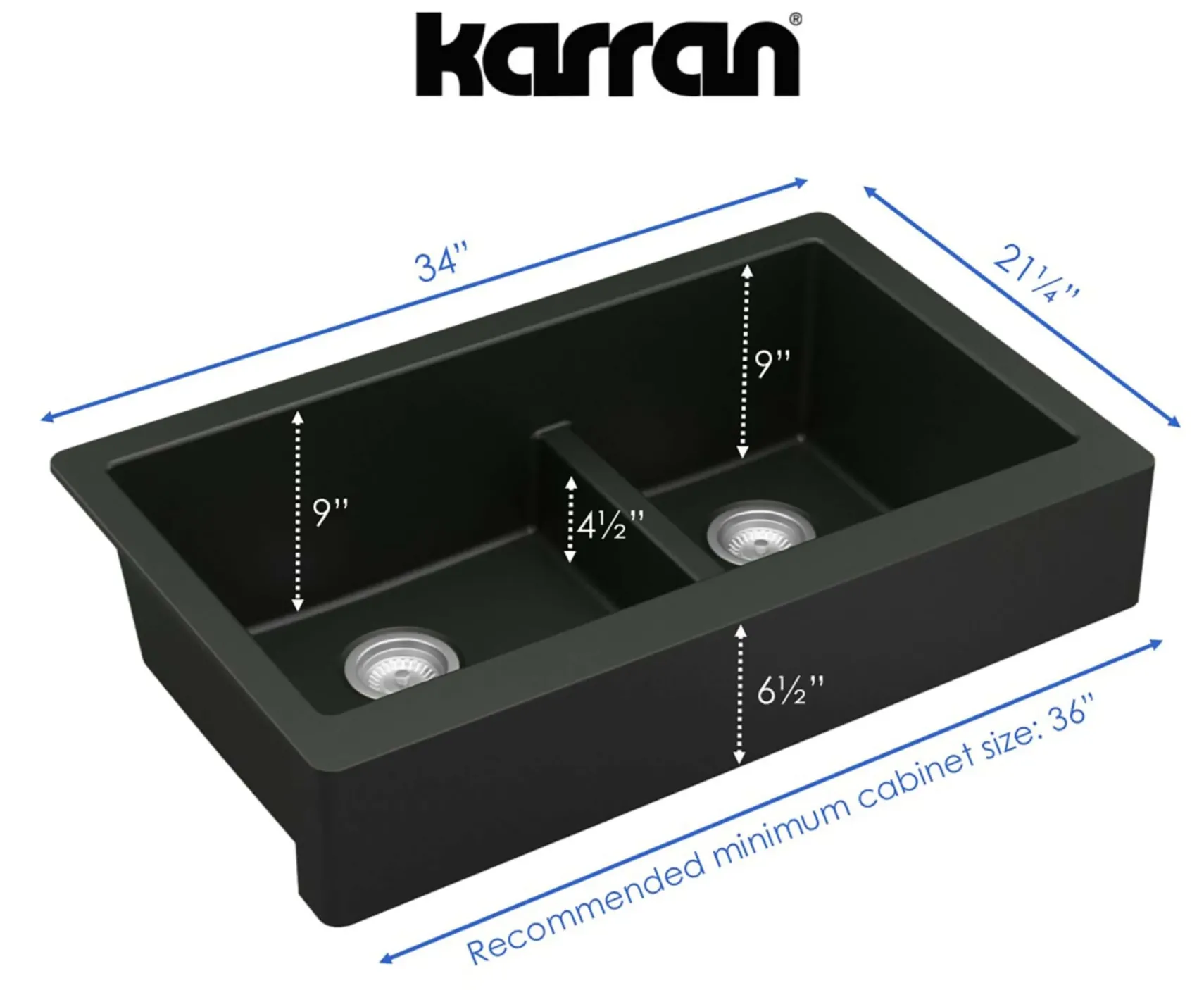Karran 34" Quartz Composite Retrofit Farmhouse Sink, 60/40 Double Bowl, Black, QAR-760-BL-PK1