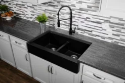 Karran 34" Quartz Composite Retrofit Farmhouse Sink, 50/50 Double Bowl, Black, QAR-750-BL-PK1