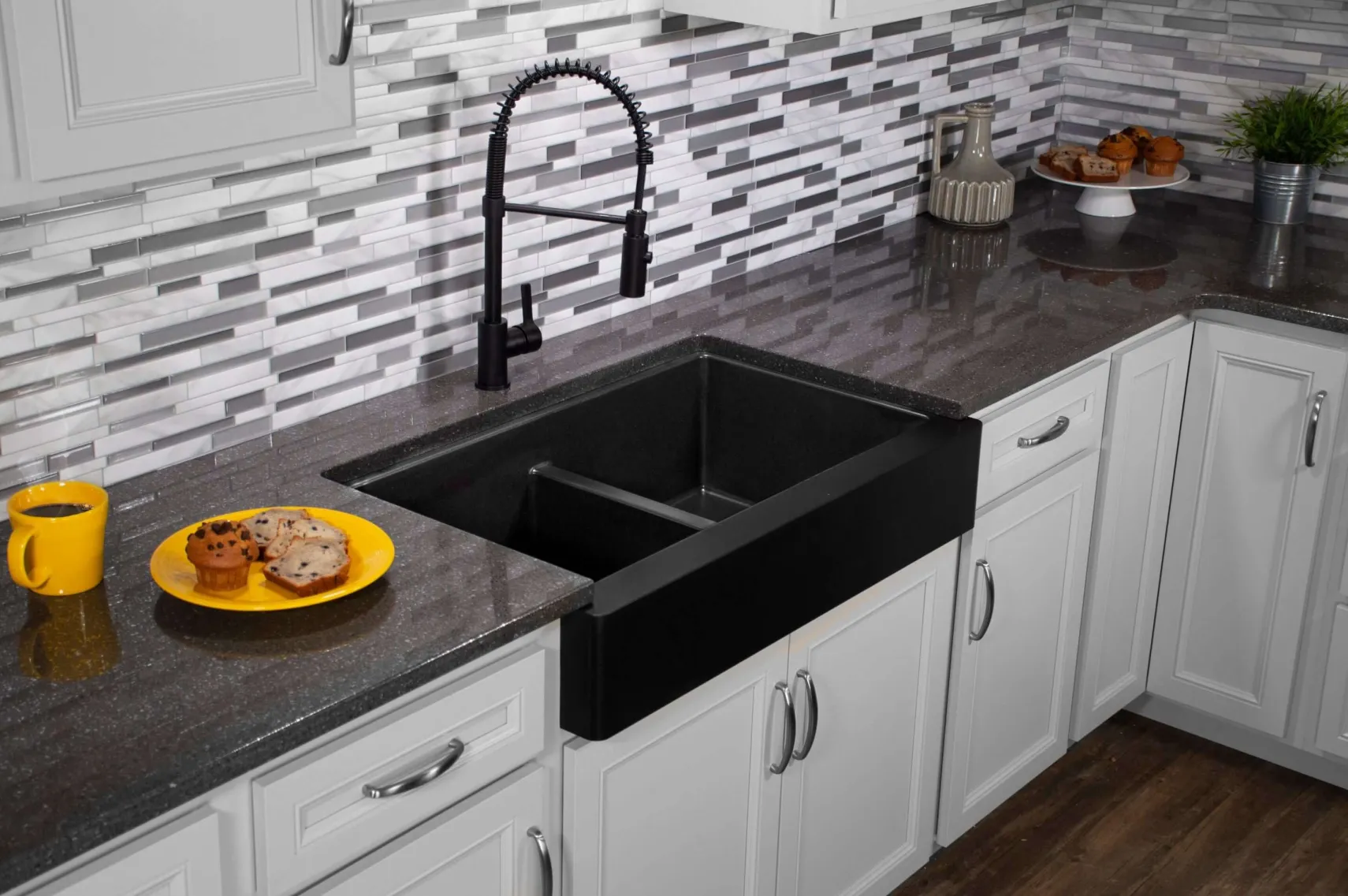 Karran 34" Quartz Composite Retrofit Farmhouse Sink, 50/50 Double Bowl, Black, QAR-750-BL-PK1
