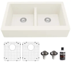 Karran 34" Quartz Composite Retrofit Farmhouse Sink, 50/50 Double Bowl, White, QAR-750-WH-PK1