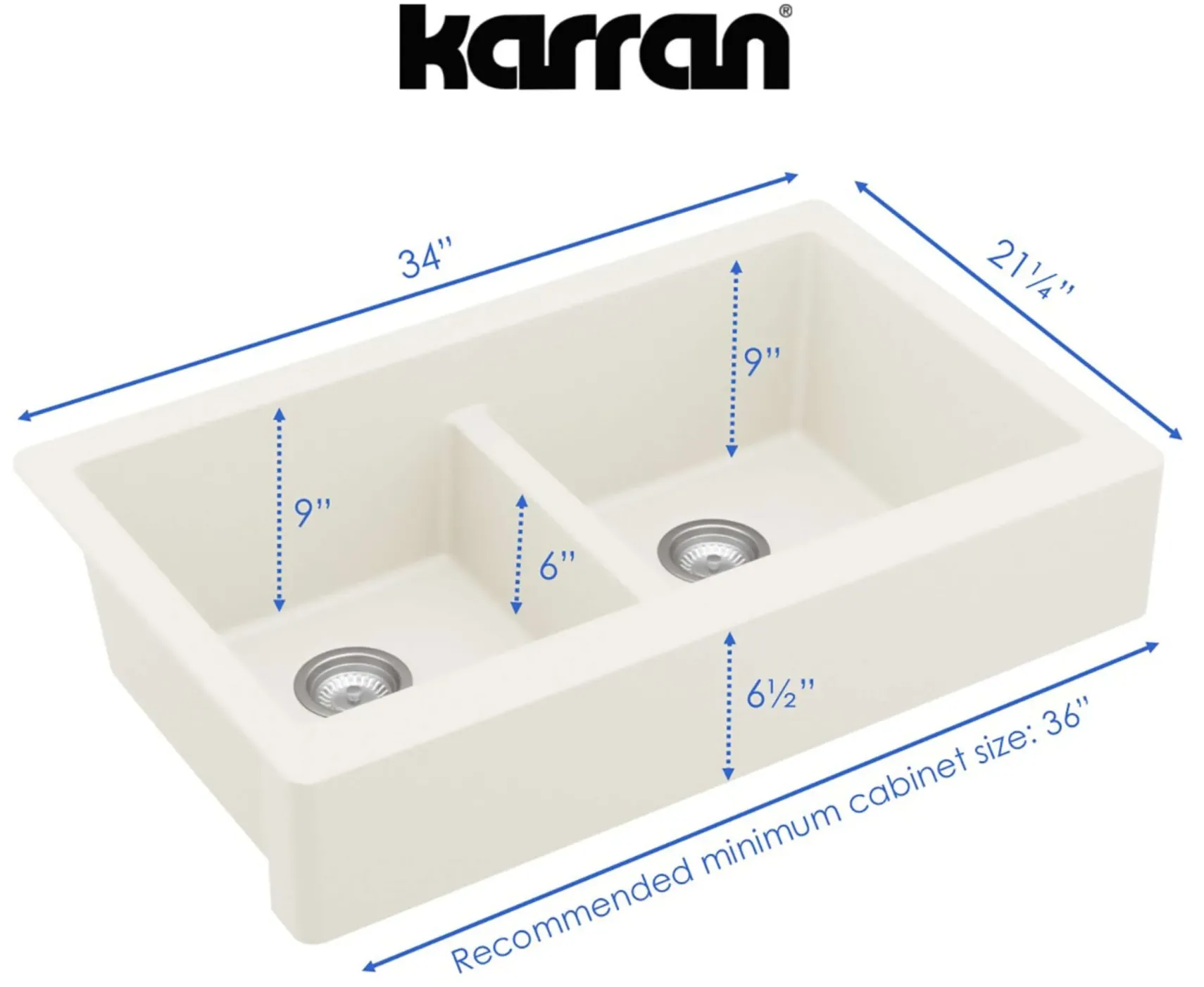Karran 34" Quartz Composite Retrofit Farmhouse Sink, 50/50 Double Bowl, White, QAR-750-WH-PK1