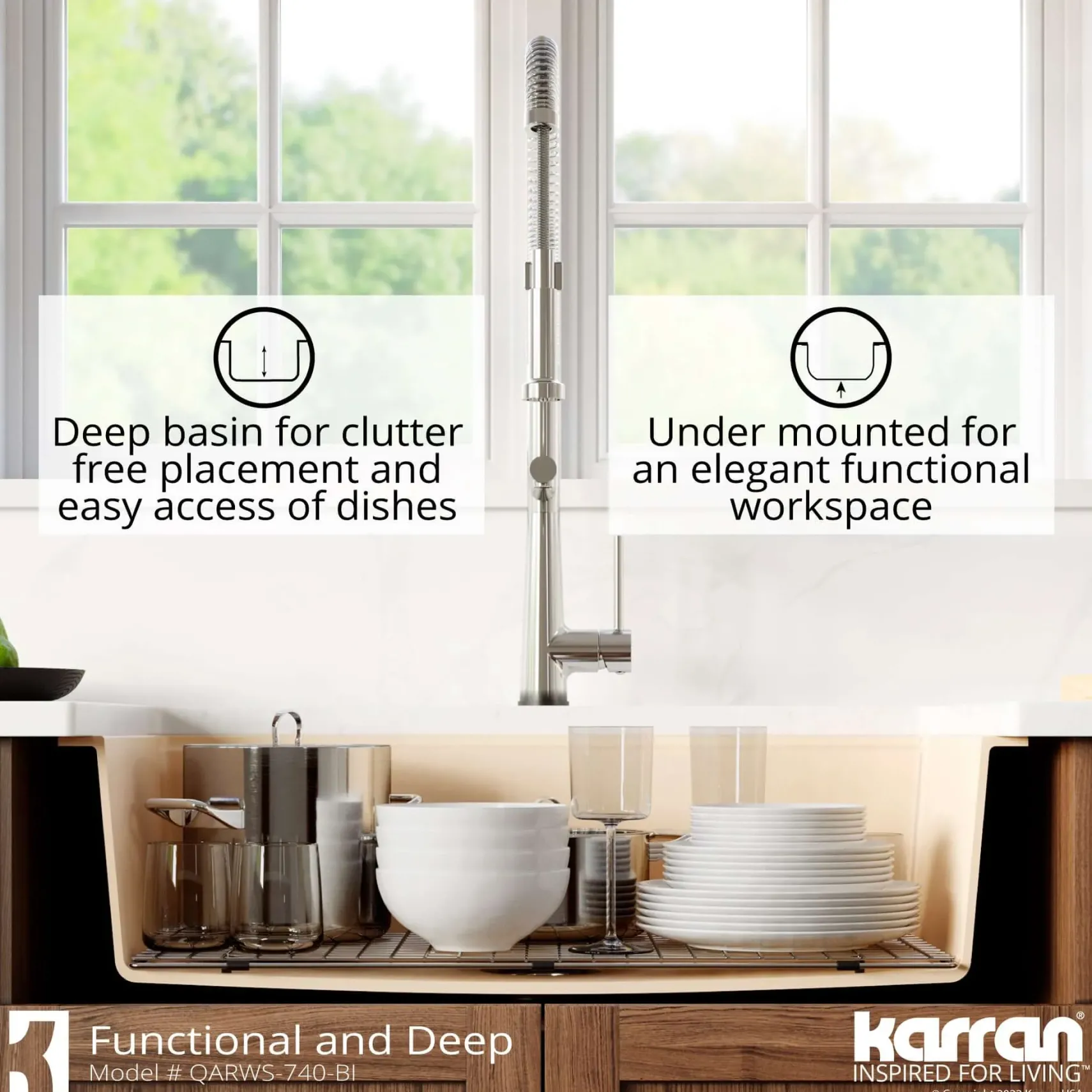Karran 34" Quartz Composite Retrofit Workstation Farmhouse Sink with Accessories, Bisque, QARWS-740-BI