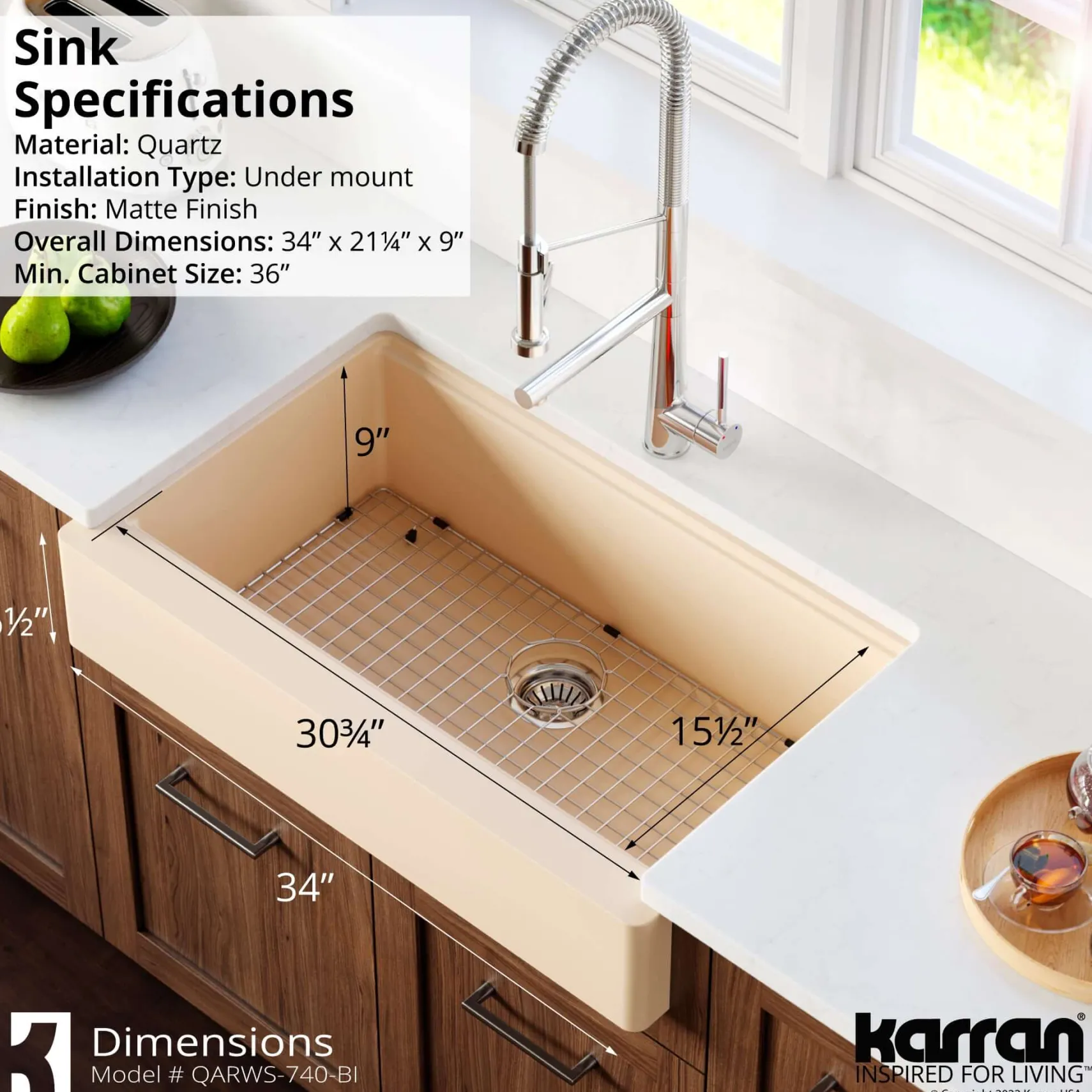 Karran 34" Quartz Composite Retrofit Workstation Farmhouse Sink with Accessories, Bisque, QARWS-740-BI