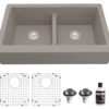 Karran 34" Quartz Composite Retrofit Farmhouse Sink, 50/50 Double Bowl, Concrete, QAR-750-CN-PK1