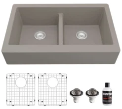 Karran 34" Quartz Composite Retrofit Farmhouse Sink, 50/50 Double Bowl, Concrete, QAR-750-CN-PK1