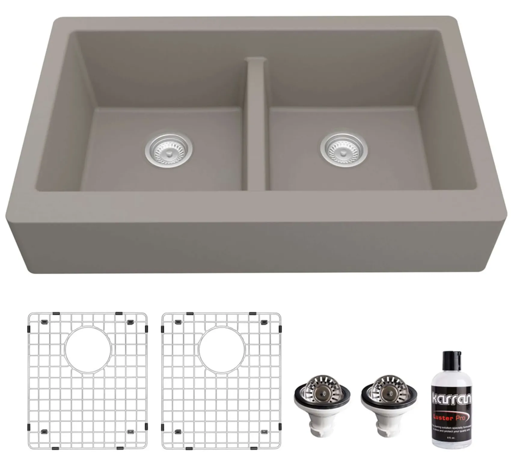 Karran 34" Quartz Composite Retrofit Farmhouse Sink, 50/50 Double Bowl, Concrete, QAR-750-CN-PK1