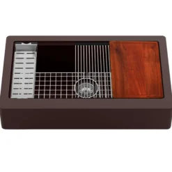 Karran 34" Quartz Composite Retrofit Workstation Farmhouse Sink with Accessories, Brown, QARWS-740-BR