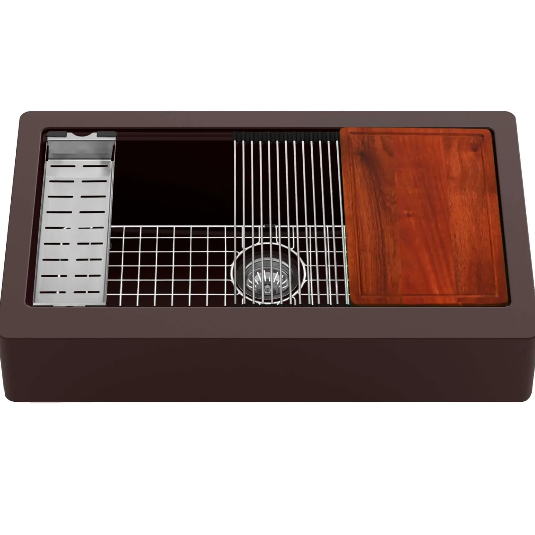 Karran 34" Quartz Composite Retrofit Workstation Farmhouse Sink with Accessories, Brown, QARWS-740-BR