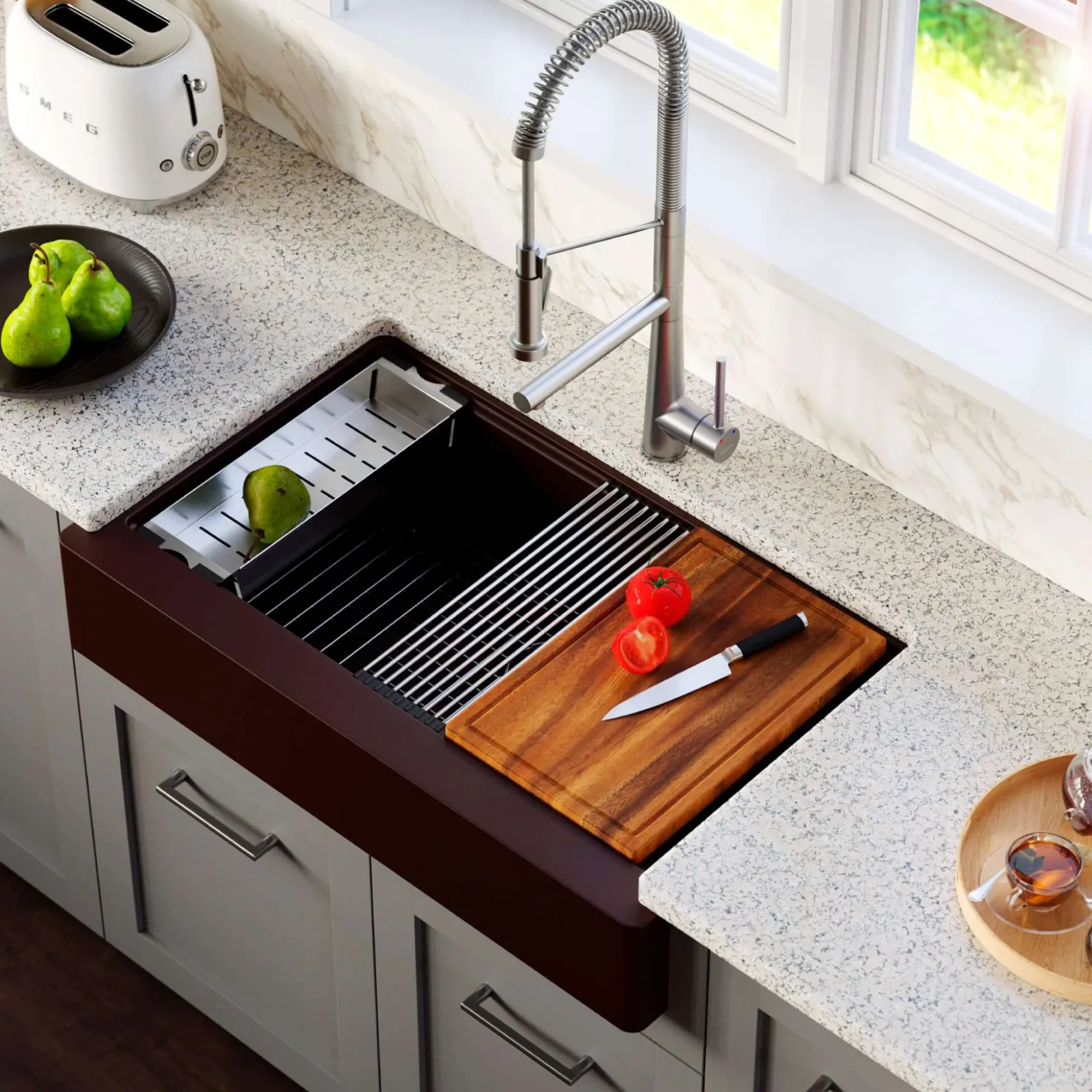 Karran 34" Quartz Composite Retrofit Workstation Farmhouse Sink with Accessories, Brown, QARWS-740-BR
