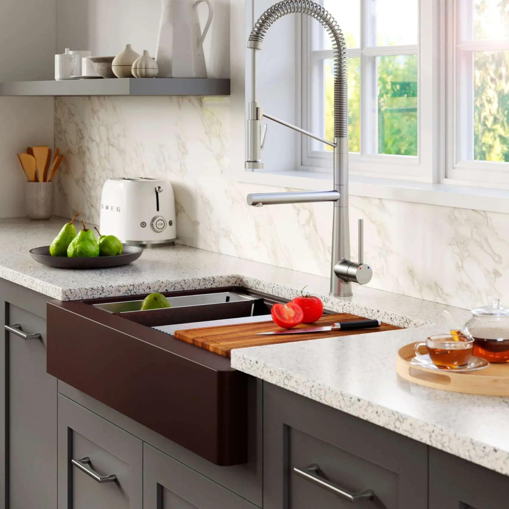 Karran 34" Quartz Composite Retrofit Workstation Farmhouse Sink with Accessories, Brown, QARWS-740-BR