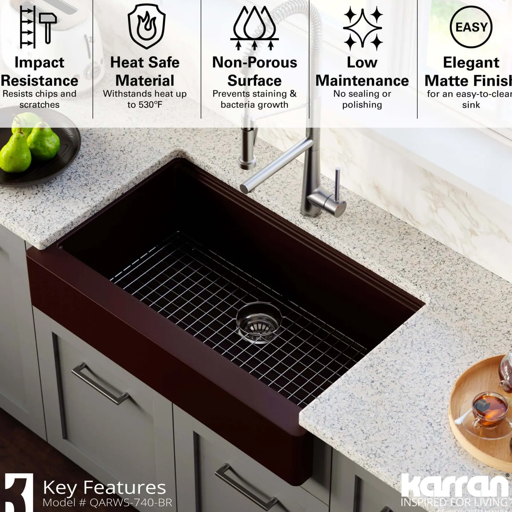 Karran 34" Quartz Composite Retrofit Workstation Farmhouse Sink with Accessories, Brown, QARWS-740-BR