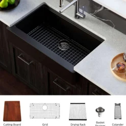 Karran 34" Quartz Composite Retrofit Workstation Farmhouse Sink with Accessories, Black, QARWS-740-BL