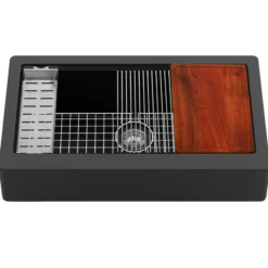 Karran 34" Quartz Composite Retrofit Workstation Farmhouse Sink with Accessories, Black, QARWS-740-BL