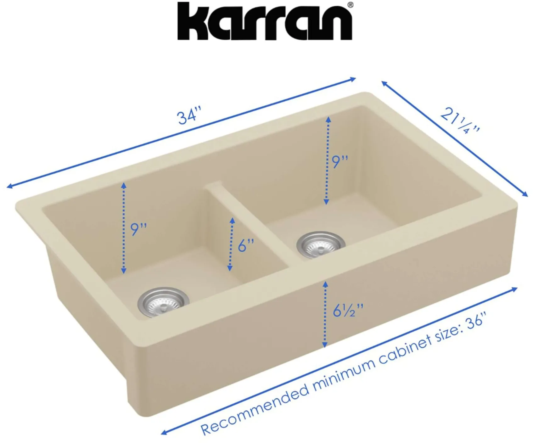 Karran 34" Quartz Composite Retrofit Farmhouse Sink, 50/50 Double Bowl, Bisque, QAR-750-BI-PK1