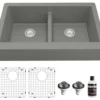 Karran 34" Quartz Composite Retrofit Farmhouse Sink, 50/50 Double Bowl, Grey, QAR-750-GR-PK1