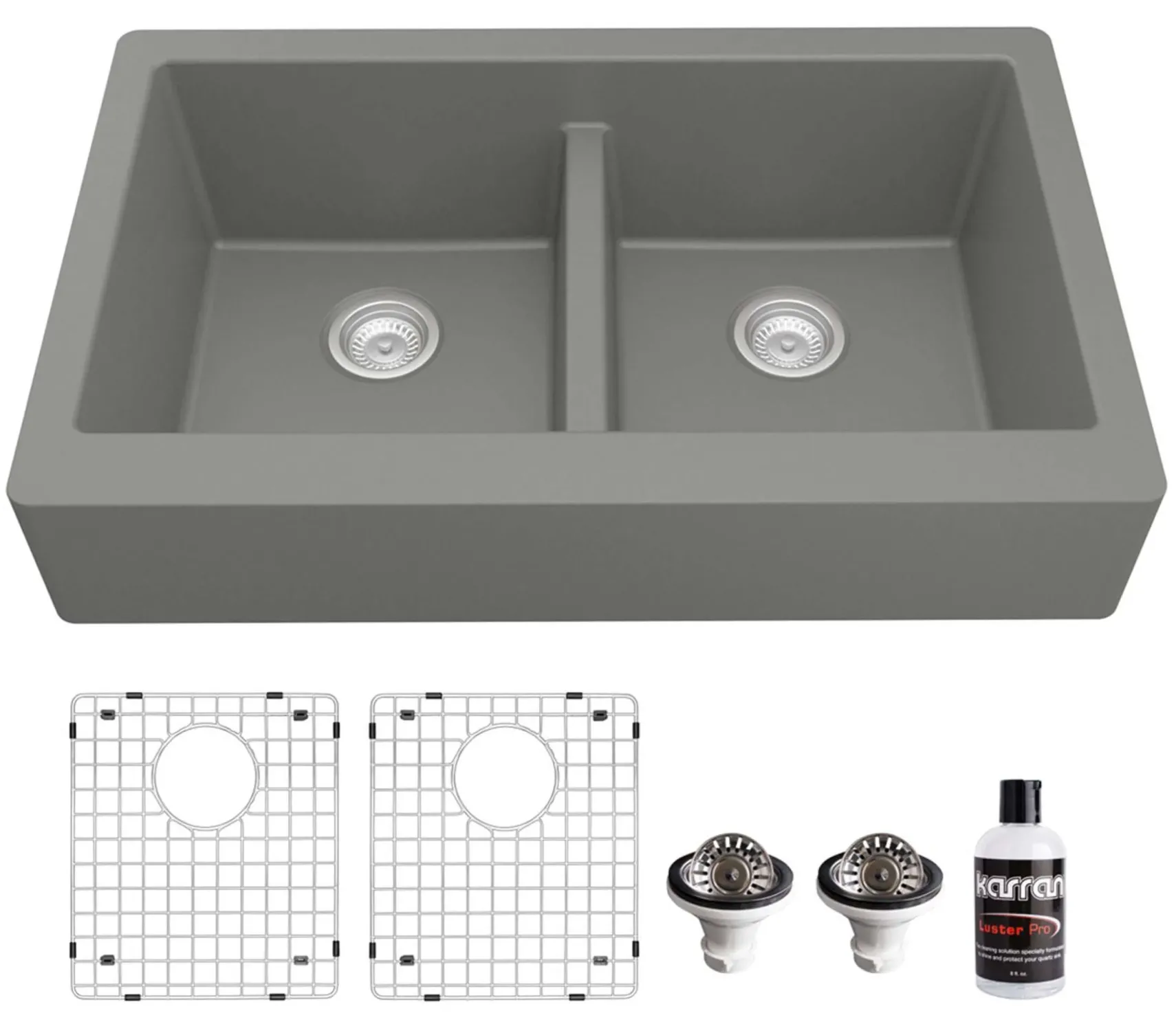 Karran 34" Quartz Composite Retrofit Farmhouse Sink, 50/50 Double Bowl, Grey, QAR-750-GR-PK1