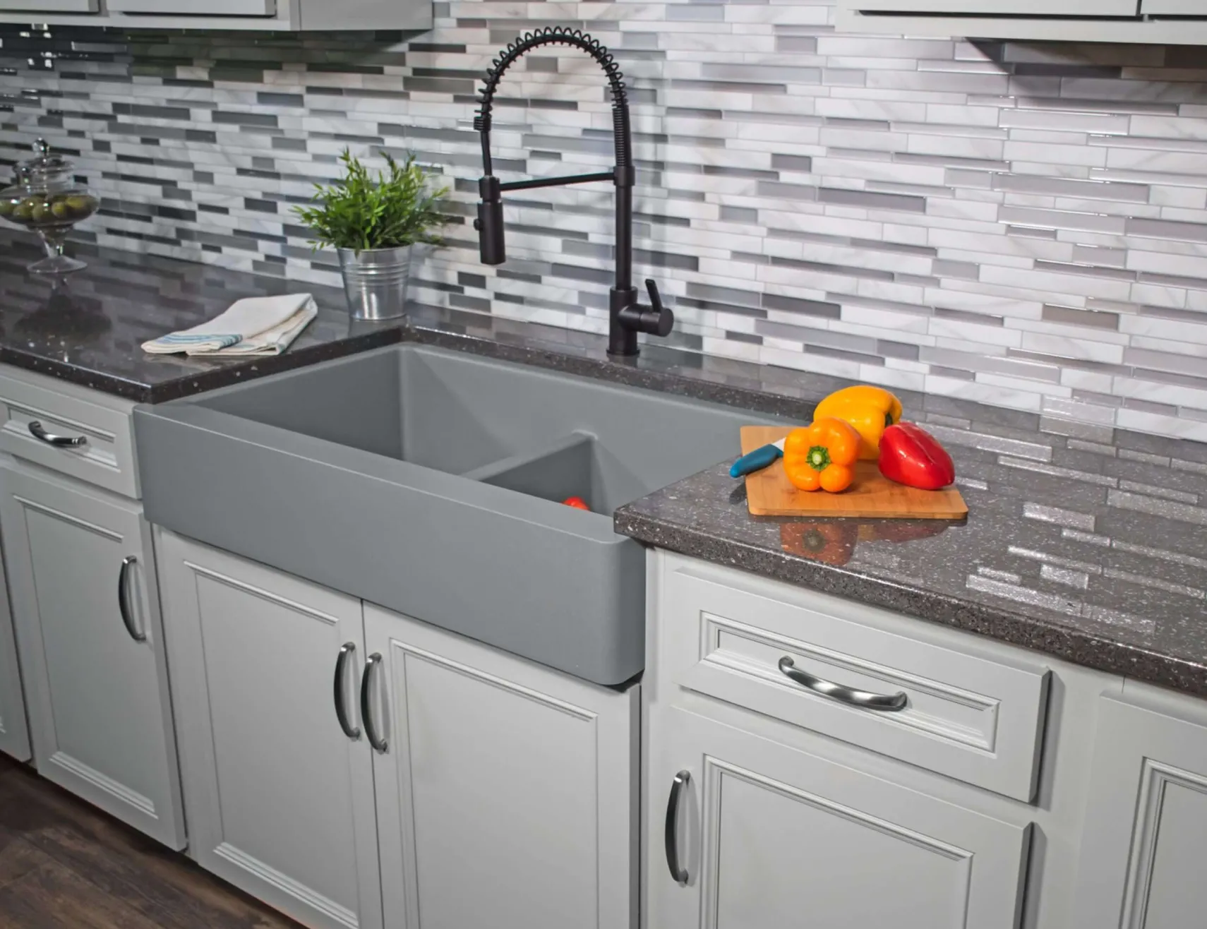 Karran 34" Quartz Composite Retrofit Farmhouse Sink, 50/50 Double Bowl, Grey, QAR-750-GR-PK1