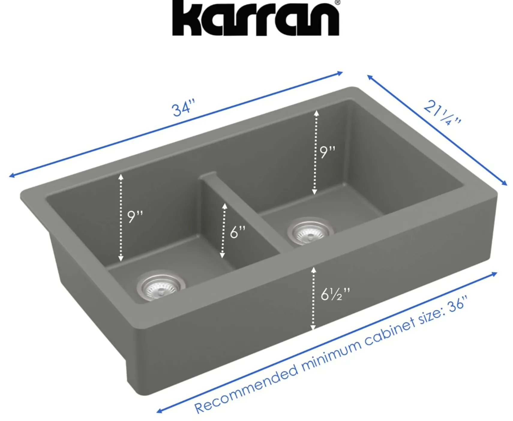 Karran 34" Quartz Composite Retrofit Farmhouse Sink, 50/50 Double Bowl, Grey, QAR-750-GR-PK1