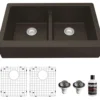 Karran 34" Quartz Composite Retrofit Farmhouse Sink, 50/50 Double Bowl, Brown, QAR-750-BR-PK1