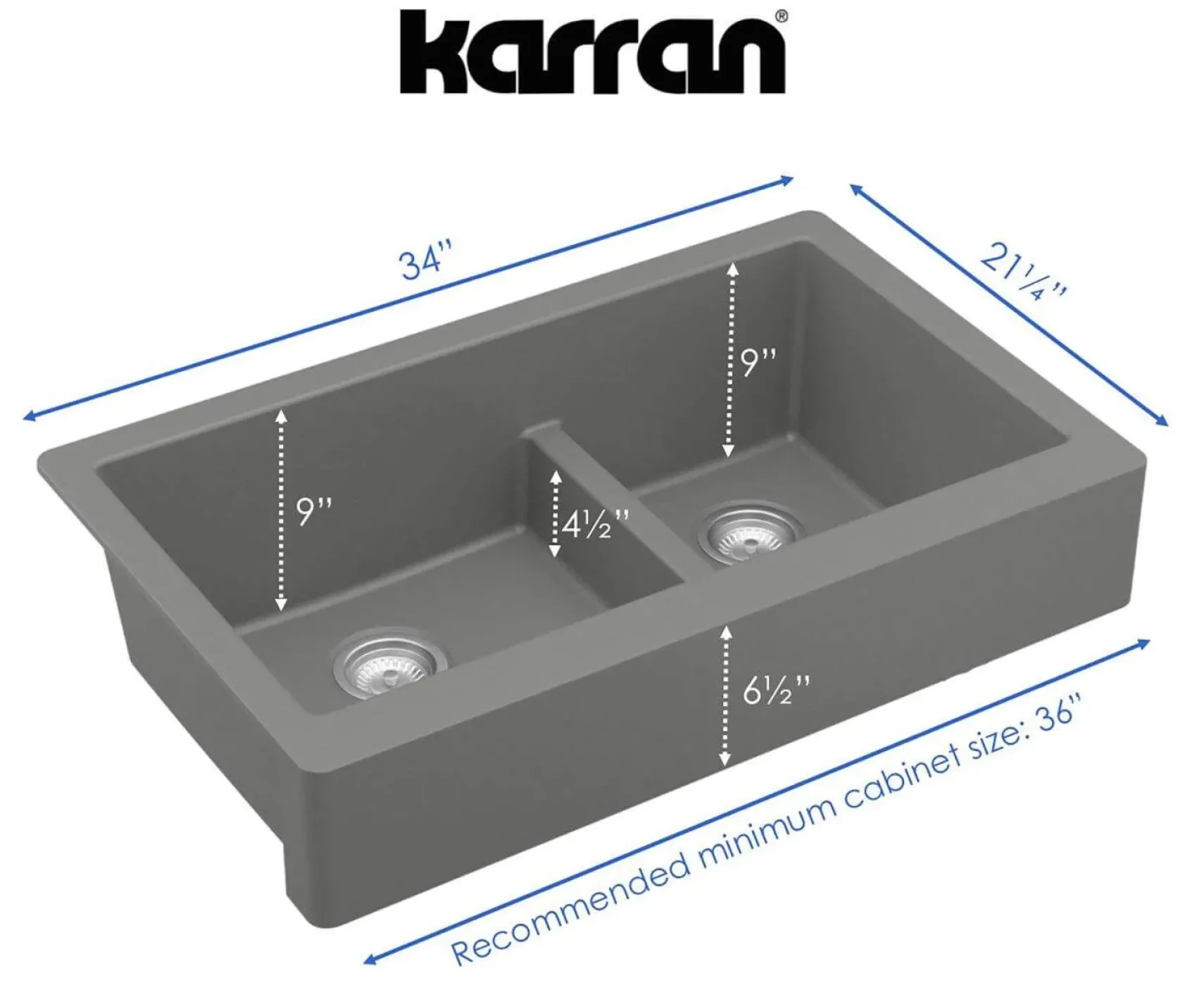 Karran 34" Quartz Composite Retrofit Farmhouse Sink, 60/40 Double Bowl, Grey, QAR-760-GR