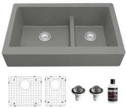 Karran 34" Quartz Composite Retrofit Farmhouse Sink, 60/40 Double Bowl, Grey, QAR-760-GR-PK1