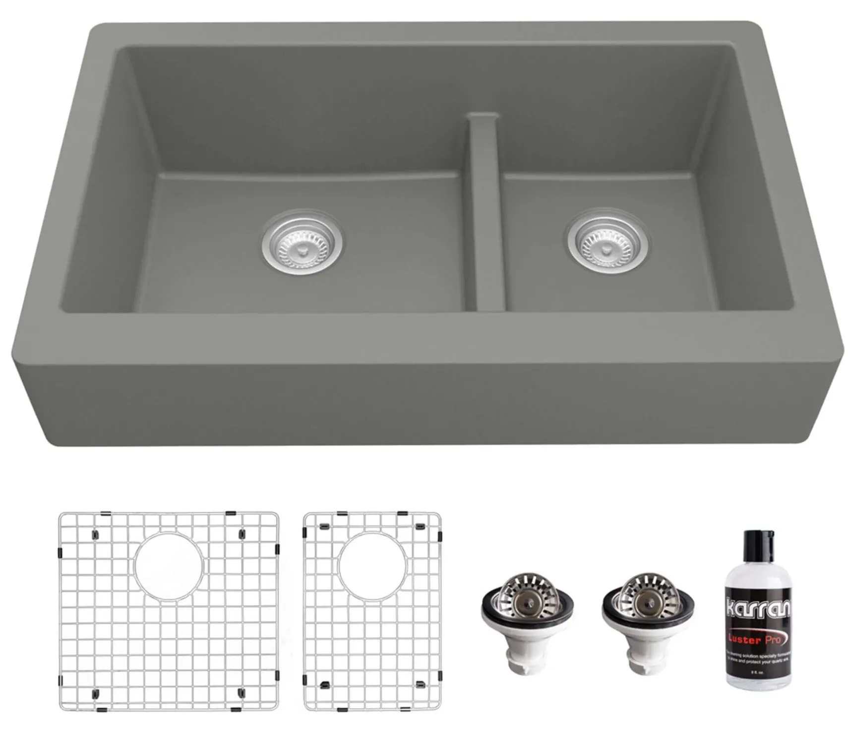 Karran 34" Quartz Composite Retrofit Farmhouse Sink, 60/40 Double Bowl, Grey, QAR-760-GR-PK1
