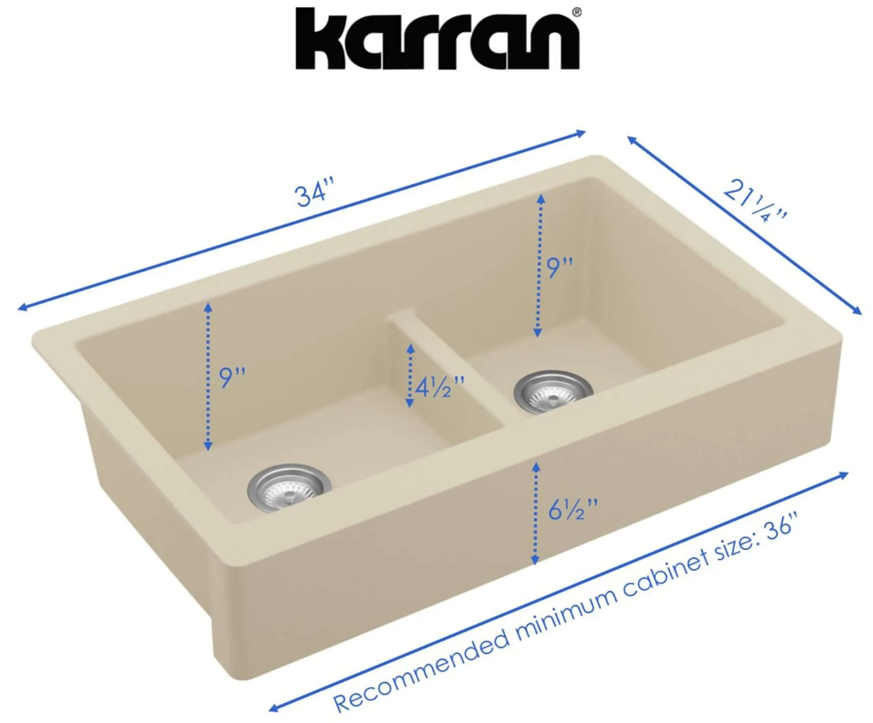 Karran 34" Quartz Composite Retrofit Farmhouse Sink, 60/40 Double Bowl, Bisque, QAR-760-BI-PK1