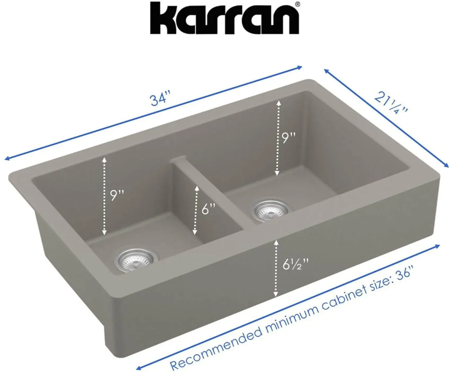 Karran 34" Quartz Composite Retrofit Farmhouse Sink, 50/50 Double Bowl, Concrete, QAR-750-CN