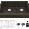 Karran 34" Quartz Composite Retrofit Farmhouse Sink, 60/40 Double Bowl, Brown, QAR-760-BR-PK1