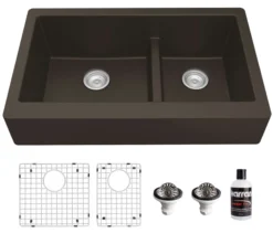 Karran 34" Quartz Composite Retrofit Farmhouse Sink, 60/40 Double Bowl, Brown, QAR-760-BR-PK1