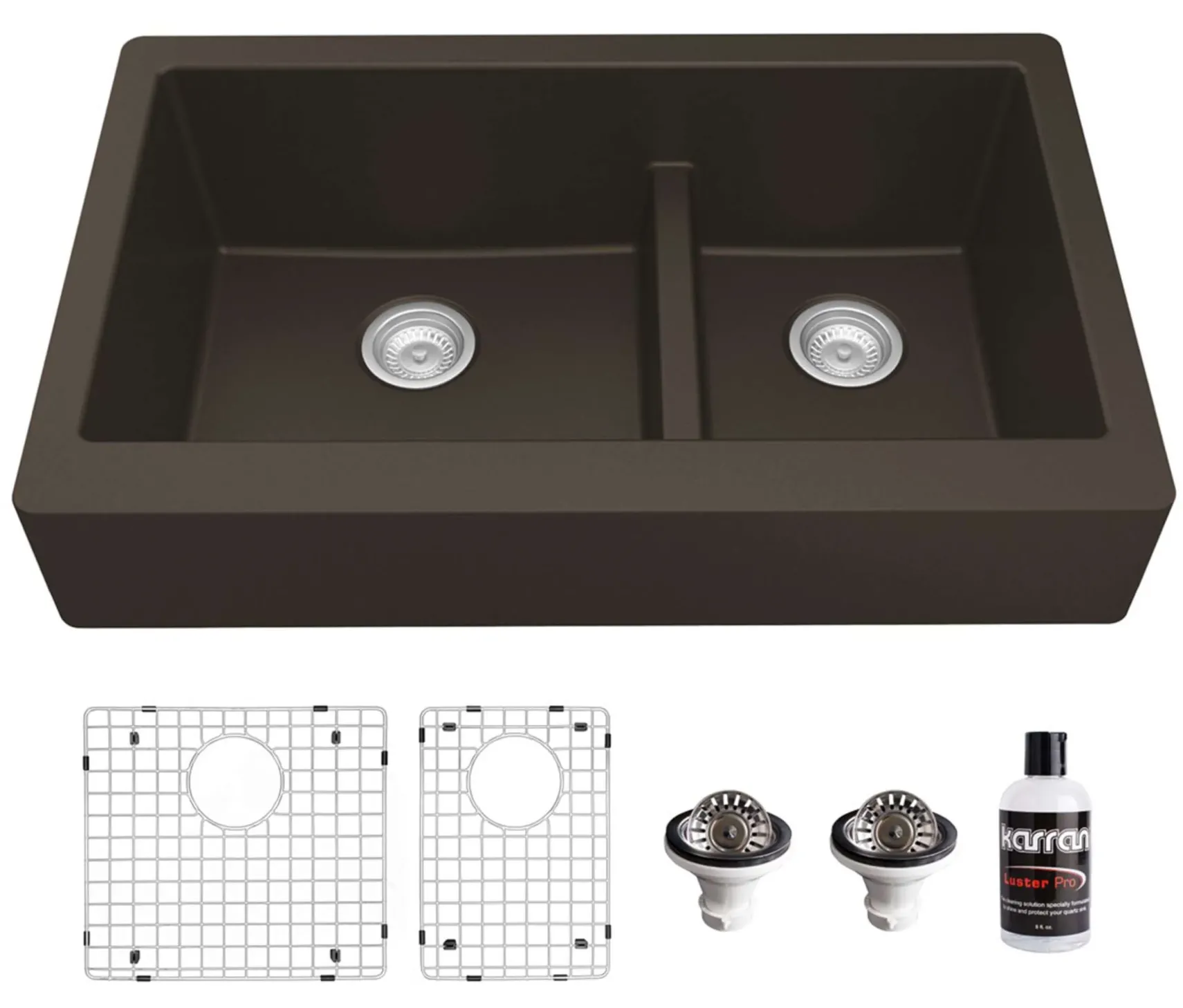 Karran 34" Quartz Composite Retrofit Farmhouse Sink, 60/40 Double Bowl, Brown, QAR-760-BR-PK1