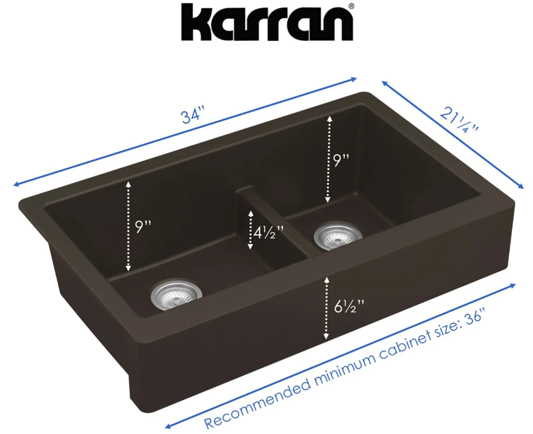 Karran 34" Quartz Composite Retrofit Farmhouse Sink, 60/40 Double Bowl, Brown, QAR-760-BR-PK1