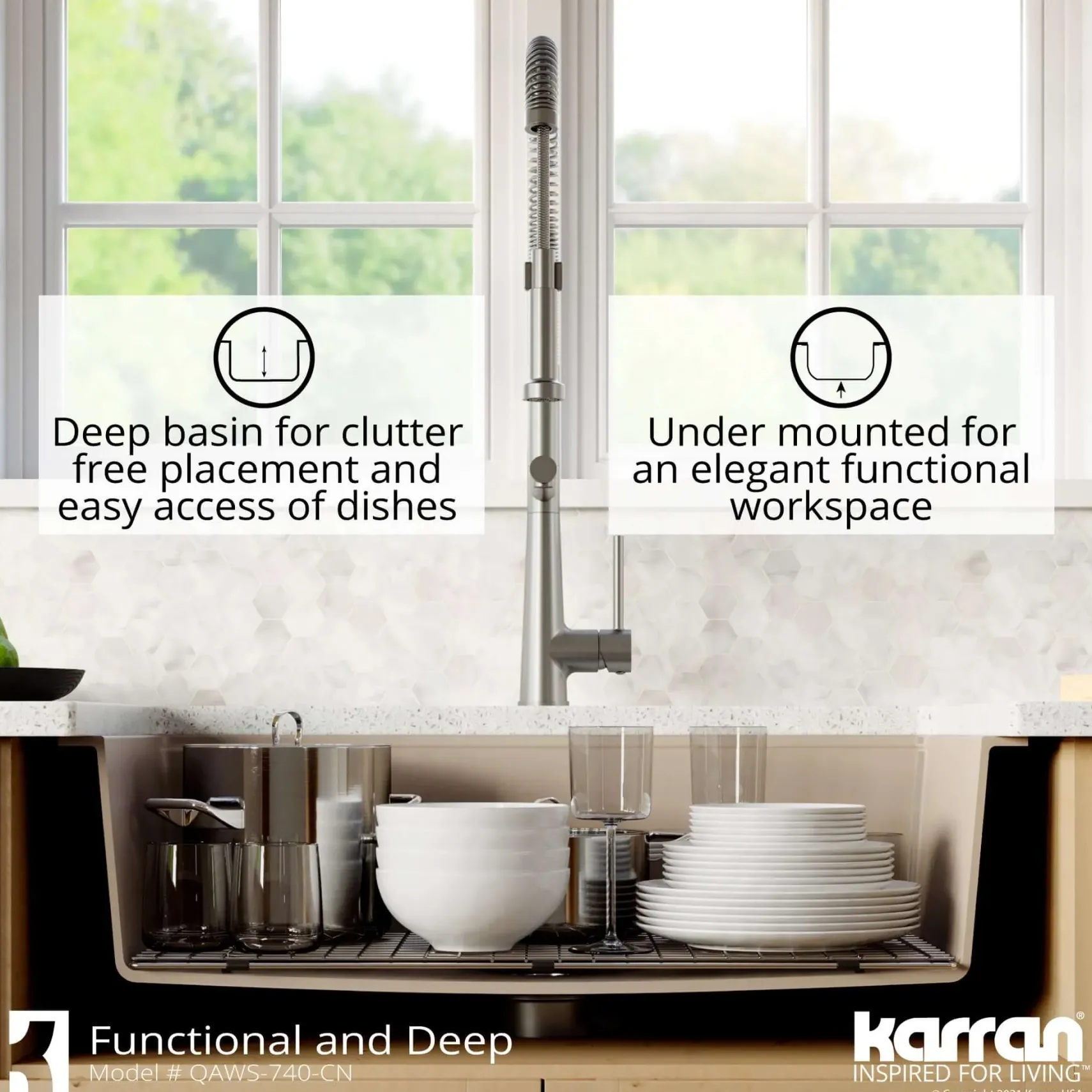 Karran 34" Quartz Composite Workstation Farmhouse Sink with Accessories, Concrete, QAWS-740-CN
