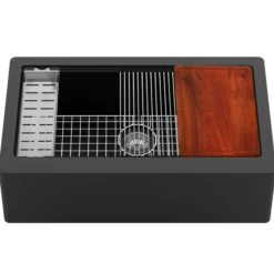 Karran 34" Quartz Composite Workstation Farmhouse Sink with Accessories, Black, QAWS-740-BL