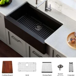 Karran 34" Quartz Composite Workstation Farmhouse Sink with Accessories, Black, QAWS-740-BL