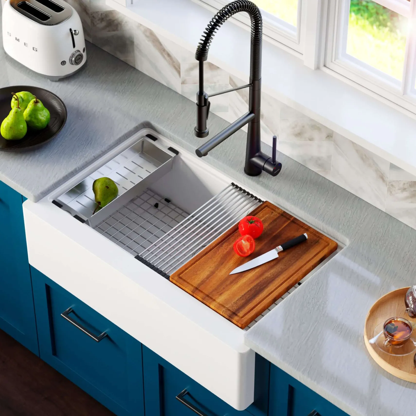 Karran 34" Quartz Composite Workstation Farmhouse Sink with Accessories, White, QAWS-740-WH