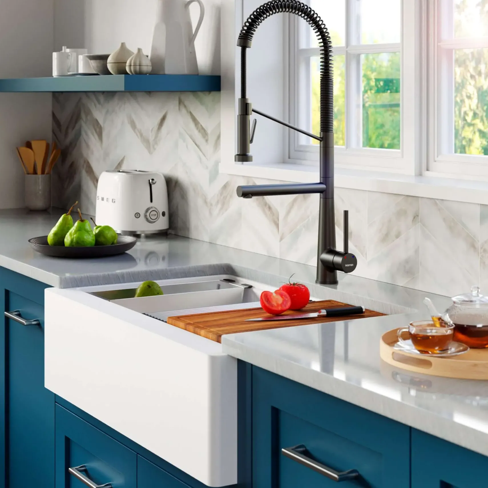 Karran 34" Quartz Composite Workstation Farmhouse Sink with Accessories, White, QAWS-740-WH