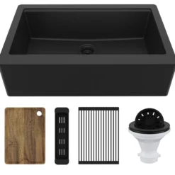 Karran 34" Quartz Composite Workstation Farmhouse Sink, Black, QAWS-740-BL-PK2