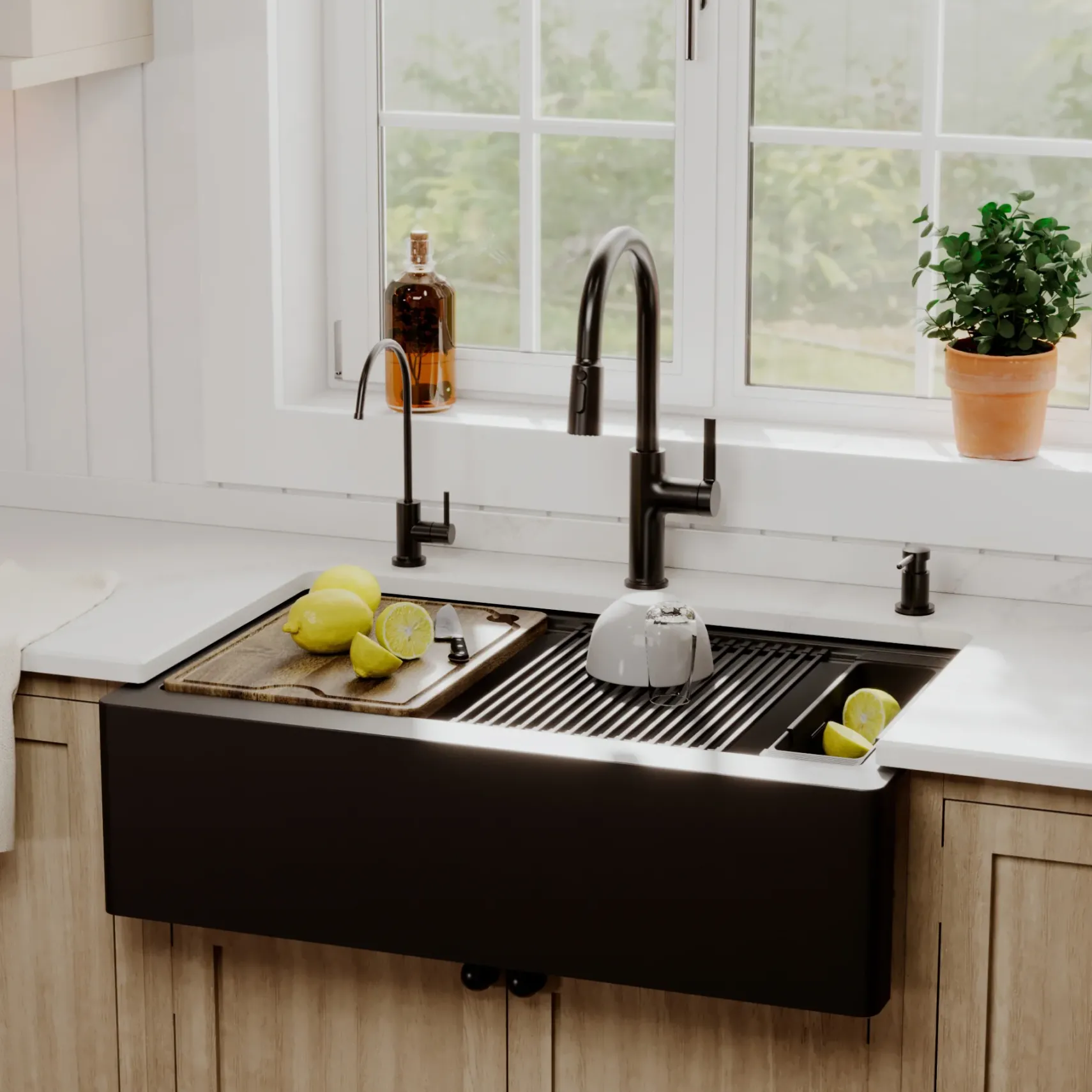 Karran 34" Quartz Composite Workstation Farmhouse Sink, Black, QAWS-740-BL-PK2