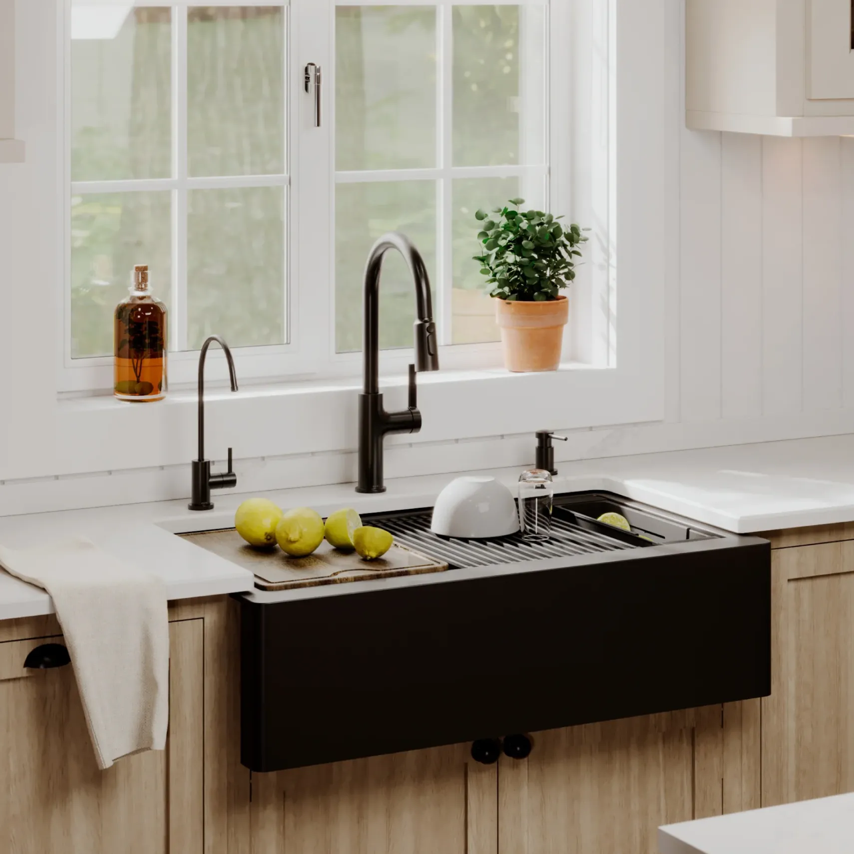 Karran 34" Quartz Composite Workstation Farmhouse Sink, Black, QAWS-740-BL-PK2