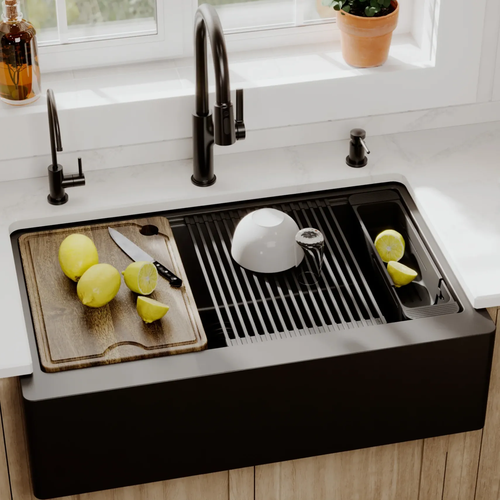 Karran 34" Quartz Composite Workstation Farmhouse Sink, Black, QAWS-740-BL-PK2