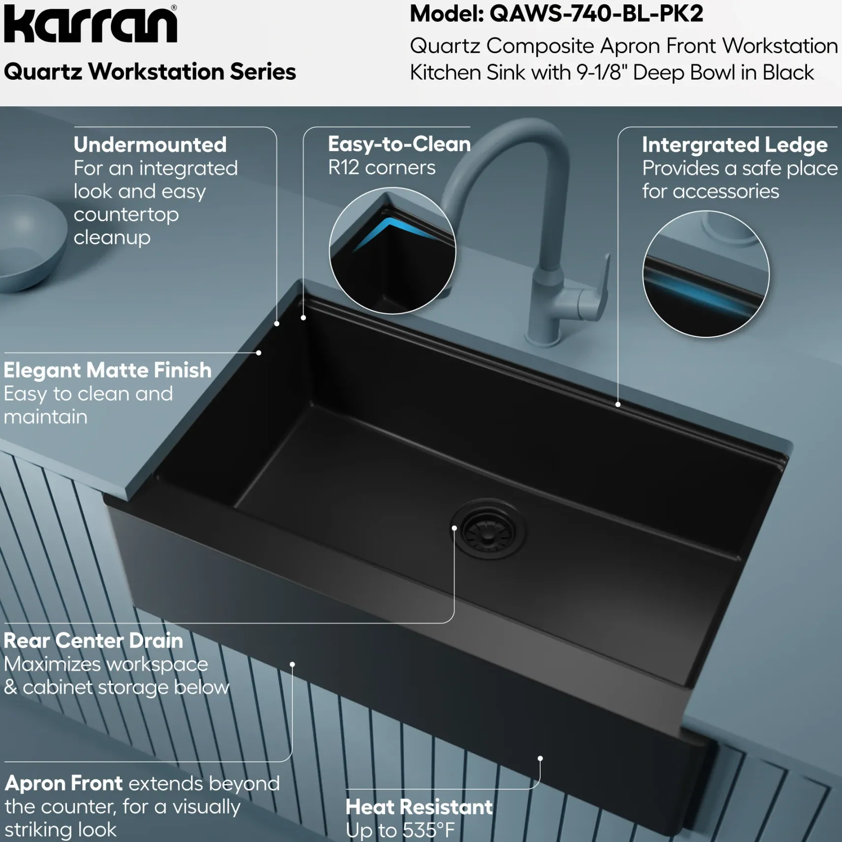 Karran 34" Quartz Composite Workstation Farmhouse Sink, Black, QAWS-740-BL-PK2