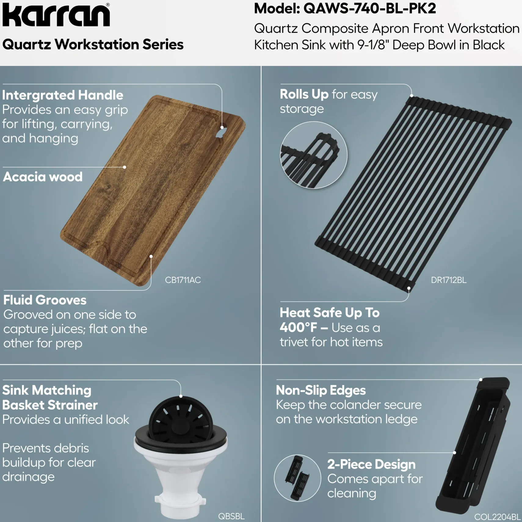 Karran 34" Quartz Composite Workstation Farmhouse Sink, Black, QAWS-740-BL-PK2