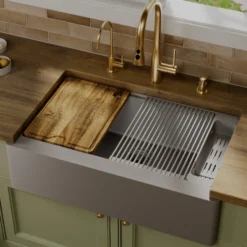 Karran 34" Quartz Composite Workstation Farmhouse Sink, Grey, QAWS-740-GR-PK2