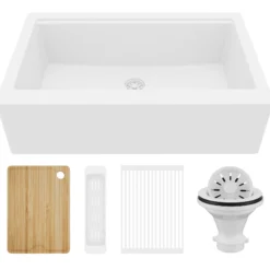 Karran 34" Quartz Composite Workstation Farmhouse Sink, White, QAWS-740-WH-PK2