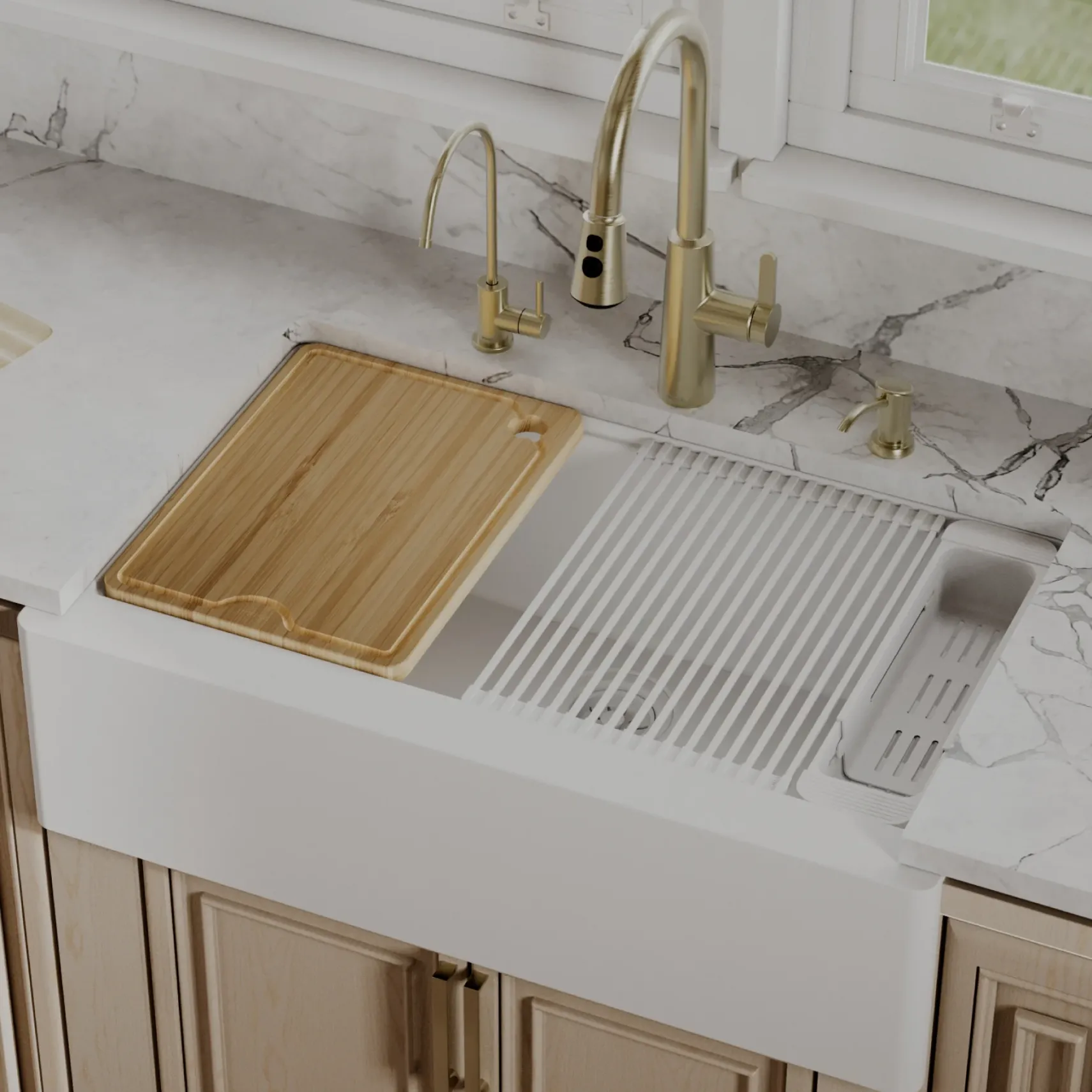 Karran 34" Quartz Composite Workstation Farmhouse Sink, White, QAWS-740-WH-PK2
